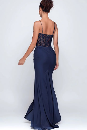 Navy Sheath Spaghetti Straps Lace Formal Dress With Slit